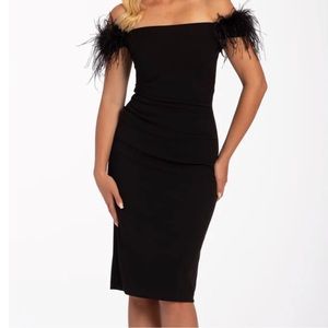 Scuba off the shoulder ruched dress with feather detail